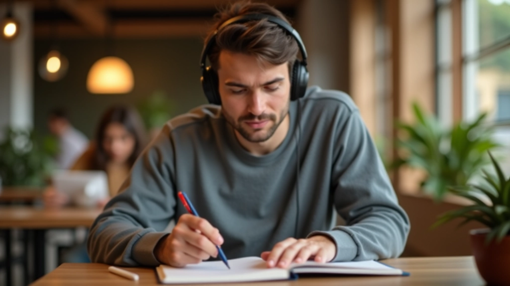Pessoa a usar auscultadores enquanto aprende inglês