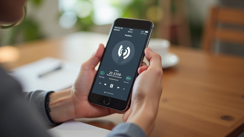 Pessoa segurando smartphone exibindo aplicação de podcasts, tela com lista de episódios, mesa clara com luz natural