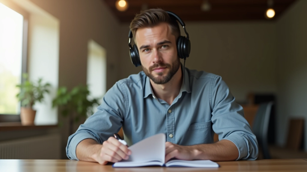 Homem concentrado ouvindo podcast com fones de ouvido, caderno de anotações aberto à frente, café na mesa de madeira
