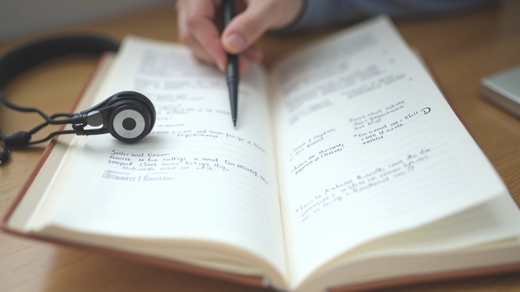 Caderno aberto com caneta e fones de ouvido, mostrando diferentes estilos de anotações lado a lado