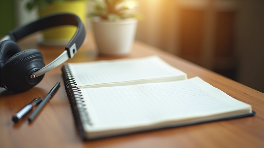 Notebook aberto ao lado de fones de ouvido, mostrando anotações manuscritas de um exercício de escuta ativa