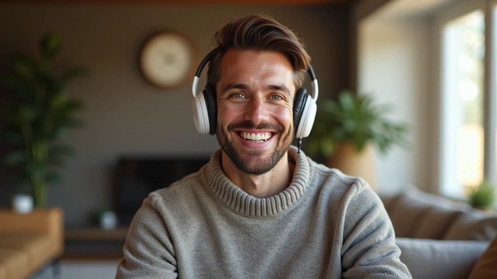 Pessoa feliz usando fones de ouvido, sorrindo enquanto escuta podcast num ambiente calmo e iluminado