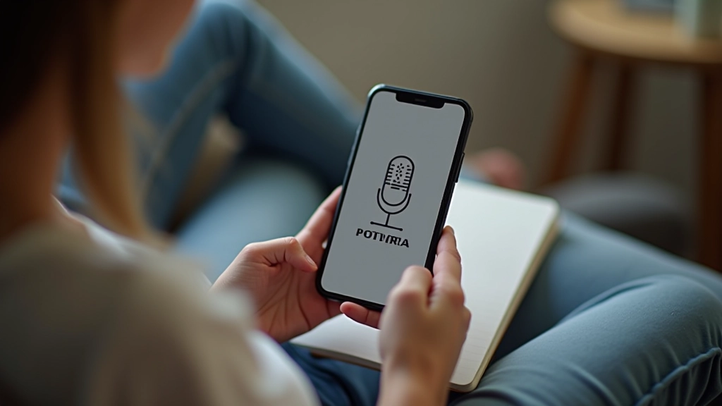 Pessoa segurando telefone com aplicação de podcast aberta, sentada confortavelmente num sofá com caderno de notas ao lado