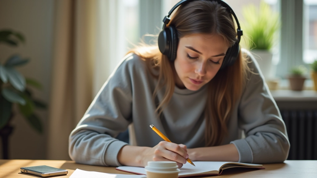 Pessoa usando fones de ouvido enquanto faz anotações num caderno, ao lado de uma xícara de café numa secretária