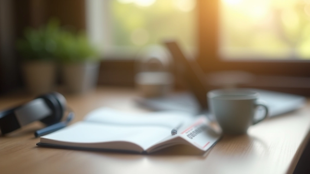 Ambiente de estudo com caderno aberto, fones de ouvido e café, luz natural de janela, organizado e calmo