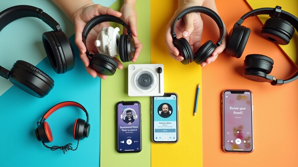 Múltiplos fones de ouvido e dispositivos mostrando diferentes aplicações de podcasts numa mesa colorida